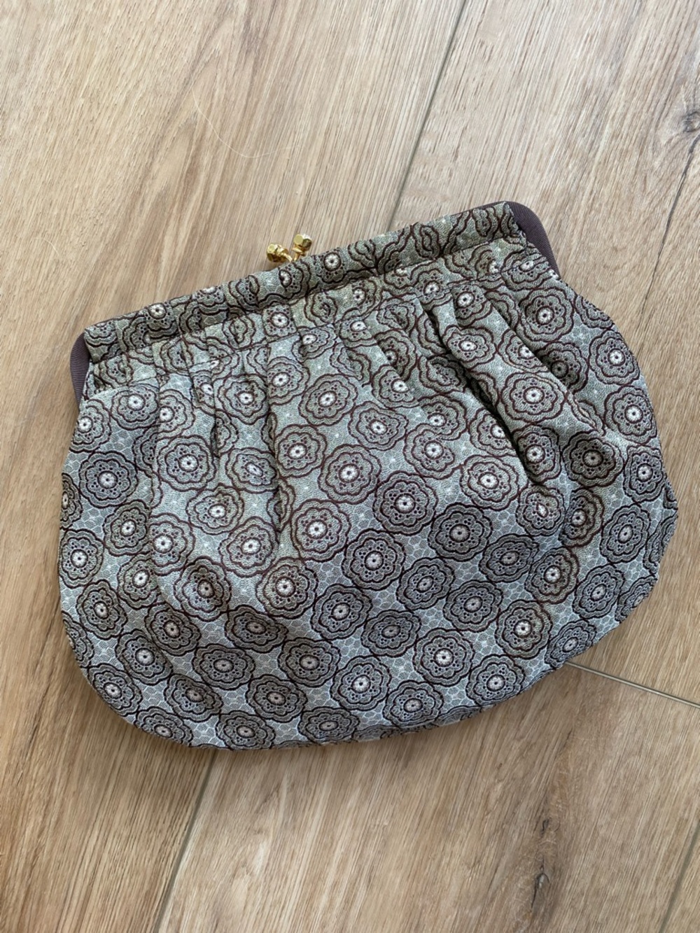 Nine West Vintage Quilted Floral Frame Clutch in Brown, Gray & Cream